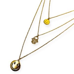 NEW Cherie Gold Tone Smiley Face Hamsa Layered Trio Necklace Set Earrings Y2K